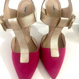Women's Pink and Gold T-Strap Heels